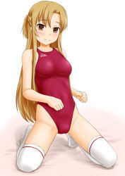 Rule 34 | 1girl, asics, asuna (sao), braid, breasts, brown eyes, brown hair, commentary request, competition swimsuit, covered erect nipples, crown braid, full body, half updo, highres, kneeling, long hair, looking at viewer, medium breasts, no shoes, one-piece swimsuit, red one-piece swimsuit, school uniform, solo, swimsuit, swimsuit under clothes, sword art online, thighhighs, tk4, white thighhighs