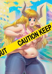Rule 34 | 1girl, blonde hair, blue eyes, boku no hero academia, breasts, doughnut, fat, food, grabbing, grabbing another&#039;s breast, highres, horns, large breasts, long hair, stomach, thick thighs, thighs, tsunotori pony