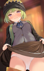 besma_(romancing_saga_2) blurry blurry_background blush breasts brown_pants buttons clothes_lift clothes_pull collared_shirt crotch_seam embarrassed from_below green_hair grey_shirt headband highres komone_ushio lifting_own_clothes looking_at_viewer looking_down medium_breasts open_clothes panties pants pants_pull purple_eyes romancing_saga_2 saga shirt shirt_lift underwear white_panties