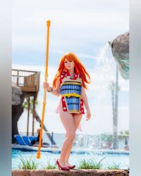 Rule 34 | armor, bracelet, breastplate, cosplay, hair ornament, high heels, highres, holding, holding weapon, japanese armor, japanese clothes, jewelry, kimono, long hair, model request, nail polish, nami (one piece), nami (one piece) (cosplay), nami (one piece) (wano), one piece, orange hair, polearm, pool, real life, red kimono, ribbon, short kimono, sleeveless, sleeveless kimono, smile, solo, staff, very long hair, weapon, wide hips