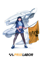 Rule 34 | 1girl, blue skirt, breasts, earrings, facial mark, flag, flagpole, full body, halterneck, highres, jewelry, kanuka clancy, kidou keisatsu patlabor, light smile, long hair, looking at viewer, mecha, midriff, pantyhose, pleated skirt, race queen, robot, shoes, skirt, sleeves pushed up, sneakers, solo, voodoothur, white background