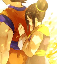 Rule 34 | 1boy, 1girl, back turned, black hair, chi-chi (dragon ball), chinese clothes, couple, dougi, dragon ball, dragonball z, closed eyes, hands on another&#039;s back, happy, hetero, neko ni chikyuu, out of frame, short hair, simple background, smile, son goku, spiked hair, white background
