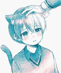 Rule 34 | 2boys, aged down, aoyagi touya, blush, cat, cat boy, cat tail, child, commentary, hand on another&#039;s head, highres, kinomi 3030, long sleeves, male focus, multicolored hair, multiple boys, out of frame, project sekai, sailor collar, short hair, simple background, split-color hair, sweater, tail, tears, two-tone hair, upper body, v-neck