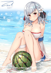 Rule 34 | 1girl, arm support, beach, bikini, black ribbon, blurry, blush, bokeh, breasts, cleavage, closed mouth, collarbone, dated, day, depth of field, food, fruit, full body, girls&#039; frontline, hair ribbon, jacket, knees up, large breasts, leaning back, long hair, looking at viewer, ocean, off shoulder, official alternate costume, outdoors, red eyes, ribbon, sand, sidelocks, signature, silver hair, sitting, skindentation, smile, solo, sparkle, spas-12 (girls&#039; frontline), spas-12 (midsummer fruit) (girls&#039; frontline), swimsuit, thigh strap, twintails, twitter username, unel, watermelon, white bikini