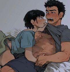 Rule 34 | 1boy, 1girl, abs, assertive female, bad id, bad twitter id, black hair, blanket, blouse, blue panties, blue shirt, boxer briefs, clothes lift, from side, girl on top, grey shirt, holding hands, looking at another, male underwear, nipples, open mouth, original, panties, sagami jon, shirt, shirt lift, spiked hair, sweat, t-shirt, under covers, underwear