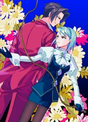 Rule 34 | 1boy, 1girl, absurdres, ace attorney, ascot, black gloves, blue hair, brooch, closed mouth, floral background, formal, franziska von karma, gloves, hand in pocket, hand up, highres, holding, holding weapon, holding whip, jewelry, light blue hair, long sleeves, miles edgeworth, oshaberi usagi, pantyhose, puffy long sleeves, puffy sleeves, red suit, ribbon, short hair, skirt, smile, suit, vest, weapon