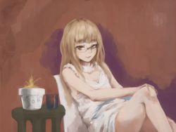 Rule 34 | 1girl, blonde hair, chair, dress, glasses, hand on own knee, highres, long hair, megrim haruyo, perrine h. clostermann, plant, pot, sitting, solo, strike witches, white dress, world witches series, yellow eyes