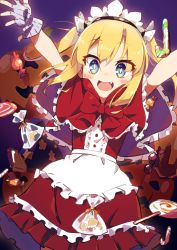 Rule 34 | 1girl, :d, absurdres, amaryllis gumi, apron, arms up, black hairband, blonde hair, blue eyes, blush, bow, candy, candy cane, candy wrapper, capelet, center frills, commentary request, dress, dutch angle, fang, fingerless gloves, food, frilled apron, frills, gloves, grey gloves, hair between eyes, hairband, highres, kotohara hinari, lollipop, long hair, looking at viewer, open mouth, red bow, red capelet, red dress, sidelocks, smile, solo, swirl lollipop, tama (tama-s), transparent, twintails, virtual youtuber, waist apron, white apron