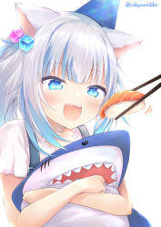 Rule 34 | 1girl, :d, animal ears, blue eyes, blue hair, blush, cat ears, chiyami, chopsticks, commentary request, cube hair ornament, drooling, food, gawr gura, gawr gura (casual), hair ornament, hat, hololive, hololive english, multicolored hair, hugging object, open mouth, party hat, saliva, sharp teeth, shirt, short sleeves, side ponytail, silver hair, simple background, smile, solo, streaked hair, stuffed animal, stuffed shark, stuffed toy, sushi, teeth, twitter username, upper body, virtual youtuber, white background, white shirt