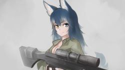 Rule 34 | 10s, 1girl, animal ears, blue eyes, blue hair, breasts, cleavage, closed mouth, fingerless gloves, gloves, green jacket, grey background, grey wolf (kemono friends), gun, heterochromia, holding, holding gun, holding weapon, jacket, kemono friends, large breasts, long sleeves, looking at viewer, name connection, no bra, open clothes, open jacket, paintrfiend, rifle, scope, smile, sniper rifle, solo, tail, trigger discipline, weapon, wolf ears, wolf tail, yellow eyes