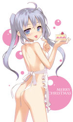 Rule 34 | 1girl, :p, apron, ass, breasts, cake, commentary request, cowboy shot, dasoku sentarou, food, fruit, full body, grey eyes, grey hair, holding, long hair, looking at viewer, looking back, merry christmas, naked apron, original, saucer, sideboob, small breasts, solo, standing, strawberry, tongue, tongue out, twintails, white background