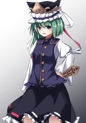 Rule 34 | 1girl, arm ribbon, bad id, bad pixiv id, blue eyes, green hair, hat, hat ribbon, highres, juliet sleeves, long sleeves, looking at viewer, open mouth, pokio, puffy sleeves, ribbon, rod of remorse, shiki eiki, shirt, skirt, solo, touhou, uniform, vest