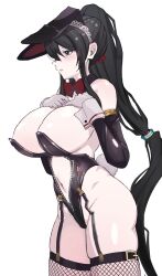 Rule 34 | 1girl, absurdres, animal ears, black eyes, black hair, black leotard, blush, boaplant feeder, bow, bowtie, breasts, cleavage, clothing cutout, commentary, detached collar, detached sleeves, fake animal ears, fake tail, fishnets, from side, fubuki (senran kagura), garter straps, gloves, hair tie, hands on own chest, high ponytail, highleg, highleg leotard, highres, large breasts, leotard, long hair, navel, navel cutout, open mouth, pale skin, playboy bunny, ponytail, rabbit ears, rabbit tail, red bow, red bowtie, senran kagura, senran kagura new link, sideboob, simple background, skindentation, solo, strapless, strapless leotard, tail, thighhighs, traditional bowtie, white background, worried, wrist cuffs, zipper