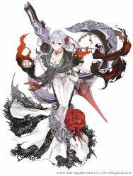 Rule 34 | 1girl, asymmetrical bangs, blood, blood on clothes, bow (weapon), crossbow, dress, elbow gloves, flower, full body, gloves, grey eyes, grey hair, hair flower, hair ornament, highres, huge weapon, ji no, looking at viewer, nightmare (sinoalice), official art, rose, sinoalice, snow white (sinoalice), solo, square enix, weapon, white background, white dress, white gloves