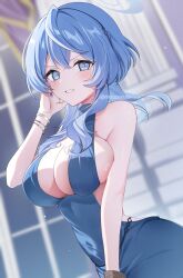 Rule 34 | 1girl, ako (blue archive), ako (dress) (blue archive), blue archive, blue eyes, blue hair, blush, breasts, halo, highres, looking at viewer, mizupuruta, sideboob, sideless dress, sideless outfit, sideless shirt, solo