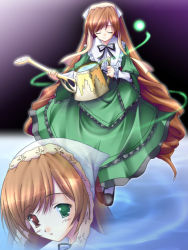 Rule 34 | 00s, 1girl, brown hair, corset, dress, drill hair, flat chest, frills, green dress, green eyes, hat, heterochromia, lolita fashion, long hair, long sleeves, multiple views, red eyes, ribbon, rozen maiden, shoes, straightchromia, suiseiseki, twin drills, twintails, very long hair, watering can