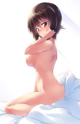 Rule 34 | 10s, 1girl, bed, bed sheet, blanket, blush, breasts, brown eyes, brown hair, commentary request, eyelashes, from side, furrowed brow, girls und panzer, hair between eyes, hand to head, hand up, head tilt, highres, kuzuryuu kennosuke, large breasts, looking at viewer, medium breasts, nishizumi maho, nose blush, nude, on bed, short hair, shoulder blades, sitting, smile, solo, underboob, wariza
