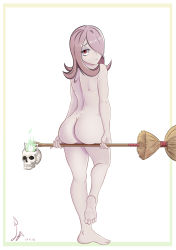 Rule 34 | 1girl, absurdres, ass, broom, feet, from behind, hair over one eye, highres, laceysx, little witch academia, long hair, looking back, nude, red eyes, skull, soles, solo, sucy manbavaran, toes, white background