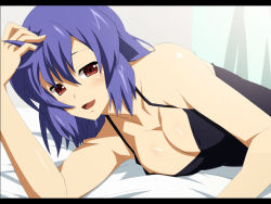 Rule 34 | 1girl, alternate costume, arm support, bare shoulders, bed, blue hair, blush, breasts, cleavage, collarbone, face, female focus, large breasts, letterboxed, looking at viewer, open mouth, red eyes, shin&#039;ya (nanp), short hair, smile, solo, touhou, yasaka kanako