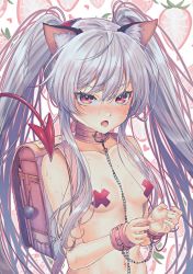 Rule 34 | 1girl, :o, animal ear fluff, animal ears, backpack, bag, blush, breasts, cat ears, chain, chain leash, collar, collarbone, commentary request, covered erect nipples, cross pasties, cuffs, demon tail, grim aloe, hair between eyes, handcuffs, highres, honami (yths4221), horns, leash, long hair, looking at viewer, nose blush, nude, pasties, quiz magic academy, randoseru, red eyes, silver hair, small breasts, solo, strawberry background, sweat, tail, twintails, upper body, very long hair