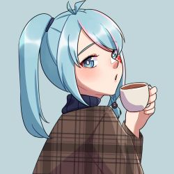 Rule 34 | 1girl, :o, absurdres, alice ara, azura cecillia, blue background, blue hair, blue scarf, blush, braid, bright pupils, brown jacket, commentary, commission, cup, english commentary, facial mark, female focus, from side, hand up, highres, holding, holding cup, jacket, looking at viewer, looking to the side, medium hair, multicolored hair, nijisanji, nijisanji id, open mouth, pink hair, plaid, plaid jacket, ponytail, scarf, second-party source, solo, streaked hair, teacup, unmoving pattern, upper body, virtual youtuber, white pupils
