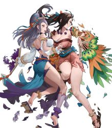 Rule 34 | 2girls, bare shoulders, barefoot, breasts, broken necklace, brown hair, cleavage, detached sleeves, ekao, feathers, feet, fire emblem, fire emblem fates, fire emblem heroes, geta, hair over one eye, hand fan, highres, holding, holding fan, japanese clothes, jewelry, kagero (fire emblem), kimono, large breasts, leg up, legs, long hair, midriff, multiple girls, necklace, nintendo, non-web source, obi, official art, open mouth, orochi (fire emblem), parted lips, ponytail, purple eyes, purple hair, red eyes, sandals, sash, short kimono, side slit, skirt, soles, sweat, sweatdrop, thighs, toeless footwear, toenails, toes, torn clothes, torn footwear, torn sleeves, transparent background, wide sleeves