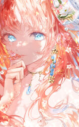 Rule 34 | 1girl, artist name, bare shoulders, blue eyes, blue flower, blue gemstone, blue nails, breasts, bubble, cleavage, closed mouth, commentary, crying, crying with eyes open, earrings, fish, flower, gem, genshin impact, hand up, hyatsu, jewelry, large breasts, long hair, looking at viewer, medium breasts, nilou (genshin impact), orange hair, signature, solo, tears, upper body