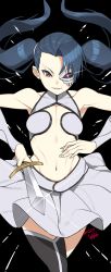 Rule 34 | 1girl, arrancar, black background, black hair, bleach, breasts, dress, female focus, highres, holding, holding weapon, knife, kuma (jk0073), loly aivirrne, long hair, shiny skin, simple background, skirt, small breasts, smile, twintails, weapon