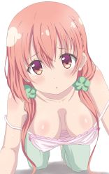 Rule 34 | 1girl, blush, bra strap, breasts, brown eyes, brown hair, cleavage, collarbone, downblouse, extended downblouse, hair ornament, hanging breasts, highres, hinako note, leaning forward, looking at viewer, medium breasts, no bra, parted lips, sakuragi hinako, simple background, sincos, solo, sweat, twintails, white background