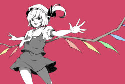 Rule 34 | 1girl, embodiment of scarlet devil, female focus, flandre scarlet, lefthand, monochrome, open mouth, outstretched arms, outstretched hand, partially colored, short hair, side ponytail, simple background, smile, solo, spot color, spread arms, touhou, wings