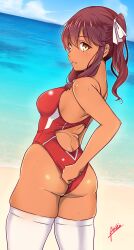 Rule 34 | 1girl, aiuti, artist name, ass, beach, breasts, brown hair, competition swimsuit, girls&#039; frontline, highres, large breasts, legs, looking at viewer, looking back, ocean, one-piece swimsuit, parted lips, saiga-12 (girls&#039; frontline), sideboob, sweat, swimsuit, tan, thick thighs, thighs, water, wedgie