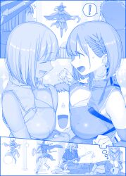 Rule 34 | !, 1boy, 4girls, :d, ^^^, ^ ^, ai-chan (tawawa), alternate universe, blue theme, braid, breast press, breasts, cleavage, cleavage cutout, closed eyes, clothing cutout, commentary, commentary request, faceless, faceless male, getsuyoubi no tawawa, hat, highres, himura kiseki, holding, holding staff, large breasts, looking at another, lying, mage staff, monochrome, multiple girls, on side, open mouth, sandwiched, smile, spoken exclamation mark, staff, witch hat