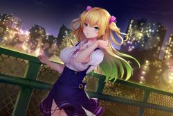 Rule 34 | 1girl, blonde hair, breasts, building, collarbone, collared shirt, cowboy shot, dress shirt, fence, floating hair, game cg, gradient hair, green eyes, green hair, hair between eyes, hair ribbon, large breasts, lens flare, long hair, miniskirt, multicolored hair, neck ribbon, night, parted lips, pink ribbon, pleated skirt, plus links, ribbon, shirt, skirt, solo, sparkle, standing, suspender skirt, suspenders, two side up, very long hair, white shirt, wing collar