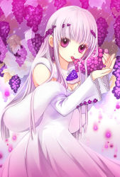 Rule 34 | 1girl, bad id, bad pixiv id, detached sleeves, dress, eating, food, fruit, grapes, holding, holding food, holding fruit, long hair, original, purple eyes, shirahane nao, solo, white hair