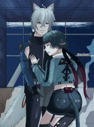 ass couple eye_contact hetero hug jane_doe_(zenless_zone_zero) kurodeuzu looking_at_another non-web_source seth_lowell zenless_zone_zero