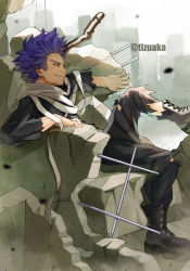 Rule 34 | 1boy, bags under eyes, black pants, black shirt, blurry, blurry background, blurry foreground, boku no hero academia, boots, cityscape, clenched teeth, debris, depth of field, highres, male focus, messy hair, pants, purple eyes, purple hair, rebar, rubble, scarf, shinsou hitoshi, shirt, short hair, sitting, solo, spiked hair, strap, teeth, tonbanlove, torn clothes, twitter username