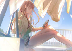 Rule 34 | 1girl, absurdres, black shorts, blurry, blurry foreground, brown hair, day, feet out of frame, hair over eyes, highres, holding, holding phone, lens flare, long hair, macaronk, original, outdoors, phone, profile, railing, rooftop, shirt, short shorts, shorts, sitting, t-shirt, white shirt