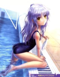 Rule 34 | 10s, 1girl, absurdres, angel beats!, arched back, ass, barefoot, blush, feet, flat chest, goto p, hat, unworn hat, unworn headwear, highres, leg up, long hair, looking at viewer, one-piece swimsuit, one side up, outdoors, partially submerged, pool, poolside, scan, school swimsuit, shiny clothes, silver hair, skindentation, solo, swim cap, swimsuit, tenshi (angel beats!), wading, wet, wet clothes, wet hair, yellow eyes