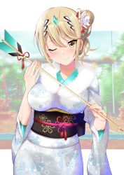 Rule 34 | 1girl, arrow (projectile), blonde hair, breasts, daive, flower, hair flower, hair ornament, highres, japanese clothes, jewelry, kimono, large breasts, mythra (xenoblade), new year, one eye closed, smile, solo, xenoblade chronicles (series), xenoblade chronicles 2