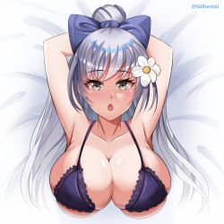 Rule 34 | 1girl, 99illust, absurdres, arms behind head, artist name, azur lane, bikini, blush, bow, breasts, cleavage, flower, grey eyes, hair bow, hair flower, hair ornament, highres, huge breasts, large breasts, long hair, looking at viewer, lying, official alternate costume, on back, purple bikini, purple bow, silver hair, skindentation, solo, swimsuit, upper body, vittorio veneto (azur lane), vittorio veneto (the flower of la spezia) (azur lane), white flower