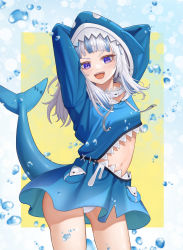 Rule 34 | 1girl, :d, absurdres, animal hood, arms behind head, arms up, bangom r, blue dress, blue hair, blush, bubble, clothing cutout, commentary request, cowboy shot, drawstring, dress, fins, fish tail, gawr gura, highres, hololive, hololive english, hood, hood up, hooded dress, huge filesize, long hair, long sleeves, looking at viewer, multicolored hair, navel, open mouth, panties, pantyshot, purple eyes, shark hood, shark tail, sharp teeth, smile, solo, stomach, stomach cutout, streaked hair, tail, tail raised, teeth, tongue, two-tone background, underwear, virtual youtuber, white hair, white panties