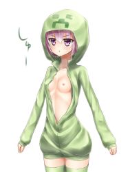 Rule 34 | 1girl, bad id, bad pixiv id, blush, breasts, creeparka, creeper, green thighhighs, hood, hoodie, minecraft, munuu, nipples, open clothes, open hoodie, personification, pink eyes, pink hair, short hair, small breasts, solo, thighhighs