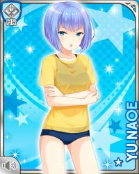 Rule 34 | 1girl, bag, bare legs, barefoot, bikini, blue background, blue eyes, blue hair, blue one-piece swimsuit, blunt bangs, card, character name, crossed arms, girlfriend (kari), naoe yu, official art, one-piece swimsuit, open mouth, qp:flapper, shirt, short hair, swimsuit, tagme, yellow shirt