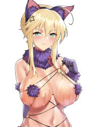 Rule 34 | 1girl, ahoge, anger vein, animal ears, areola slip, artoria pendragon (all), artoria pendragon (fate), artoria pendragon (lancer) (fate), blonde hair, blush, braid, breasts, cosplay, earrings, elbow gloves, fake animal ears, fate/grand order, fate (series), french braid, glint, gloves, green eyes, hair between eyes, hairband, jewelry, large breasts, mash kyrielight, mash kyrielight (dangerous beast), mash kyrielight (dangerous beast) (cosplay), navel, o-ring, o-ring top, official alternate costume, purple gloves, saber (fate), short hair, sidelocks, solo, suggestive fluid, yunsang