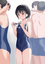 Rule 34 | 2boys, 2girls, black hair, blue one-piece swimsuit, breasts, brown eyes, competition school swimsuit, covered navel, goggles, unworn goggles, holding, holding goggles, multiple boys, multiple girls, one-piece swimsuit, original, school swimsuit, sekiya asami, short hair, small breasts, solo focus, unworn swim cap, swimsuit
