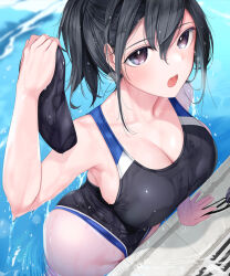 Rule 34 | 1girl, arm up, armpits, bare shoulders, black eyes, black hair, breasts, cleavage, collarbone, competition swimsuit, covered navel, fed (giba), high ponytail, highleg, highleg swimsuit, highres, large breasts, multicolored clothes, multicolored swimsuit, one-piece swimsuit, open mouth, original, partially submerged, pool, poolside, solo, swimsuit, wet, wet clothes, wet swimsuit