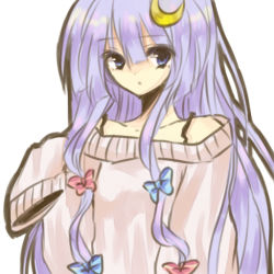 Rule 34 | 1girl, alternate costume, bad id, bad pixiv id, contemporary, crescent, crescent hair ornament, female focus, hair ornament, hair ribbon, hiharo, long hair, long sleeves, moon, oversized clothes, patchouli knowledge, purple eyes, purple hair, ribbon, sleeves past wrists, solo, touhou