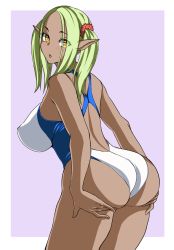 Rule 34 | 1girl, ass, back, blush, competition swimsuit, dark elf, dark skin, dark-skinned female, elf, covered erect nipples, female focus, forehead, highres, long hair, looking at viewer, muta poo, one-piece swimsuit, open mouth, original, pointy ears, ponytail, solo, swimsuit, teeth, twintails, yellow eyes