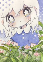 Rule 34 | 1girl, blue dress, blush, bright pupils, dated, dress, fish, highres, leaf, medium hair, multicolored eyes, no nose, original, outline, plant, short sleeves, signature, solo, sparkle, tears, traditional media, upper body, white hair, white outline, white pupils, zukky000