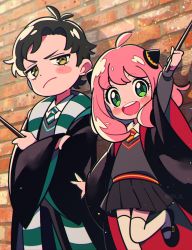 Rule 34 | 1boy, 1girl, absurdres, anya (spy x family), arm up, black hair, blush stickers, chueog, closed mouth, crossed arms, damian desmond, green eyes, hairpods, harry potter (series), highres, hogwarts school uniform, long hair, miniskirt, open mouth, pink hair, robe, scarf, school uniform, skirt, spy x family, thighhighs, wand, wizarding world, yellow eyes